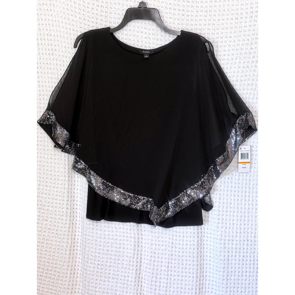 MSK Black‎ Silver Sequin Cape Top Petite Women's Blouse Party Cocktail